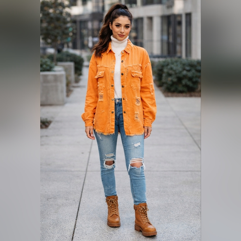 Womens Distressed Bright Orange Jacket, Size L